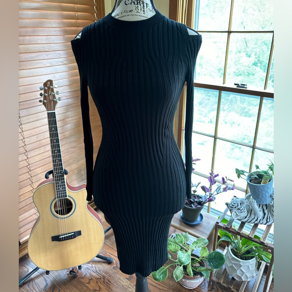 A New Day Black Fitted Long Sleeve Shoulder Cut-Out Sweater Dress